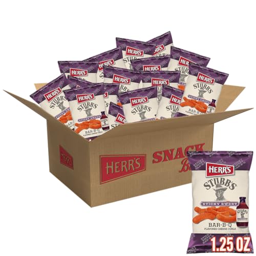 Herr's Stubb's Sticky Sweet BAR-B-Q Cheese Curls, 1.25 Ounce (Pack of 24 Bags) – Sweet and Smoky BBQ Cheese Curls Inspired by Stubb's – Perfect for Cookouts and Game Days