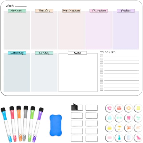 Calendrier Magnétique Frigo 2 en 1 (Aimanté/Adhésif) Planning Semaine Effaçable pour Menus Familiaux 42x28cm Inclus 6 Marqueurs et 16 Stickers