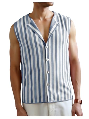 Men's Striped Sweater Tank Tops Button Down Lapel V Neck Sleeveless Knit Tops