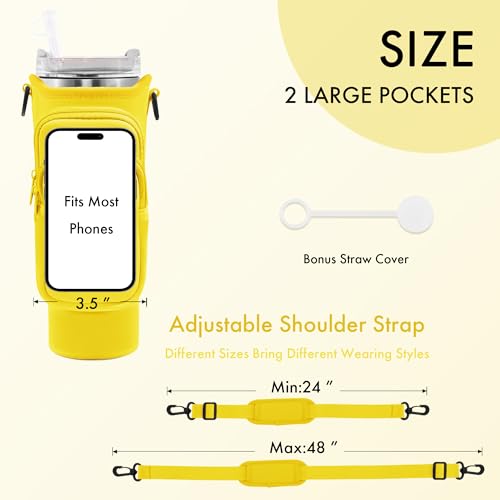 Image of Water Bottle Carrier Bag with Phone Pocket for Stanley Cup 40 /30 oz, Water Bottle Holder with Adjustable Strap& Straw Cover, Stanley Cup Accessories (Yellow)