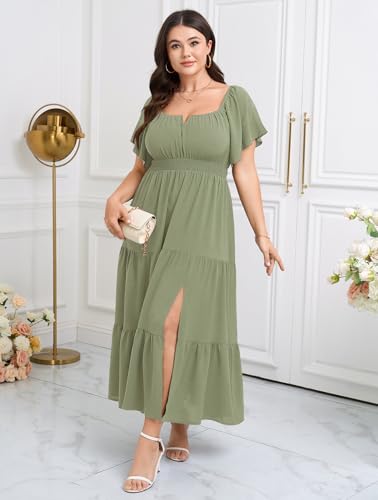 Image of SCOMCHIC Womens Plus Size Maxi Dress Formal Short Sleeve Square Neck Smocked Side Split Flowy A Line Tiered Long Dress