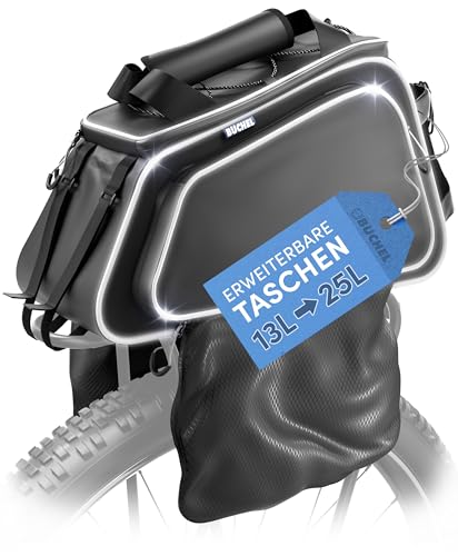 Büchel GTU 23L - Alforja de Bicicleta para portaequipajes, Impermeable y Reflectante, Incluye Protector de Lluvia y Espacio de Almacenamiento XXL, Bolsa Extensible para Bicicleta eléctrica, con