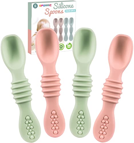 Image of Silicone Baby Spoons for Baby Led Weaning 4-Pack, First Stage Baby Feeding Spoon Set Gum Friendly BPA Lead Phthalate and Plastic Free, Great Gift Set (Rose Quartz/Lite Green)