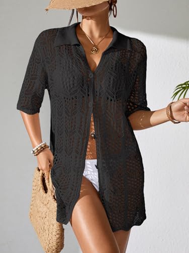 Womens Crochet Knit Polo Collar Swimsuit Coverup Cardigan Summer 2025 Beach Bathing Suit Cover Up Shirt Dress4