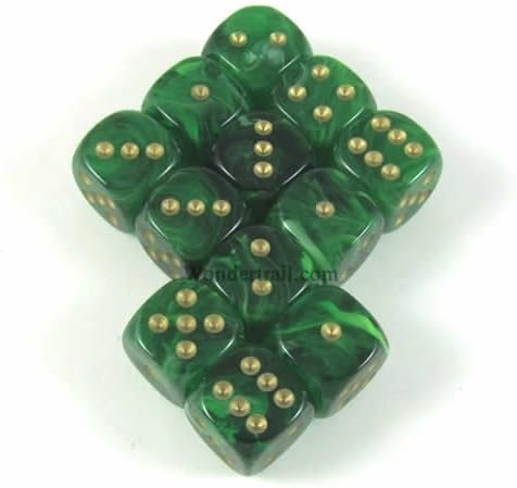 Wondertrail Green Vortex with Gold Pips 12mm D6 Dice Set of 12 WCX27835E12