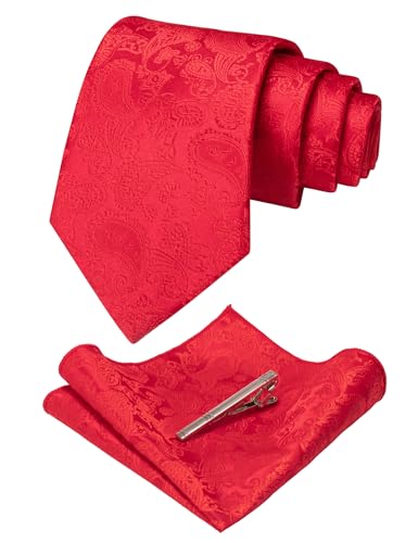Image of JEMYGINS Mens Solid Color Paisley Necktie and Pocket Square with Tie Clip Sets