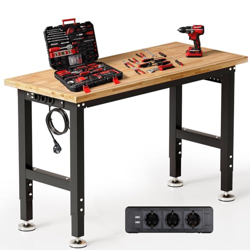 TLGREEN Schwerlast Werkbank aus Gummibaumholz, 122cm Arbeitstisch 5-stufig Verstellbare Höhen, Werktisch mit Steckdosen und Stecktafel, 907kg...