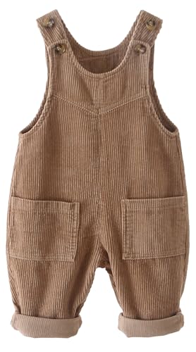 Happy Cherry Little Boys Girls Sleeveless Corduroy Romper Toddler Cute Suspender Bib Pants One Piece Button Shoulder Straps Jumpsuit with Pocket Fall Winter Outfit Clothes Set Browm 18-24 Months
