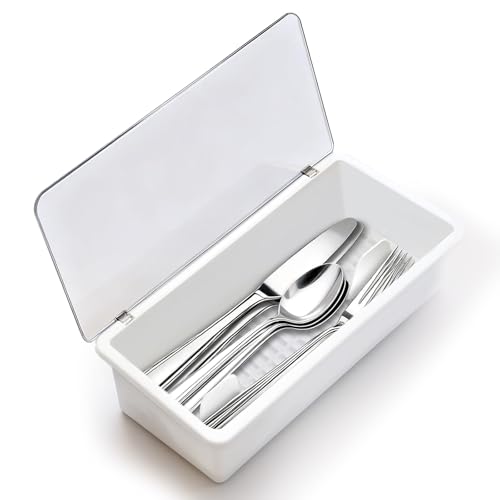 PAVSTINE Besteckkasten mit Deckel Kategorisierung, Abtropfboden mit Trennwänden Besteckbox, PP Material Küchenutensilien, Auch Für Picknicks im...