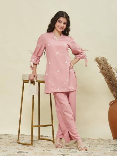 Image of Girls Floral Embroidered Kurta and Palazzo Pants Co-ord Set with V Neck Elegant Traditional Outfit for Festive and Functions