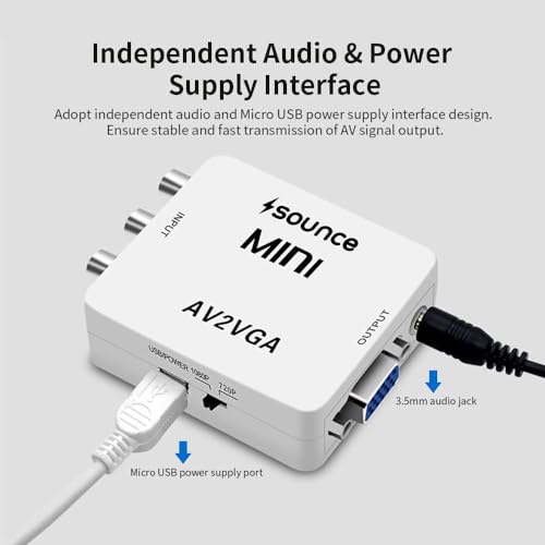 Image of Sounce AV RCA to VGA Adapter, Composite CVBS Audio Video to VGA Converter with 3.5mm Audio & USB Power Cable, 1080P Output for DVD /VCD /Set-Top Box to TV Monitor Projector