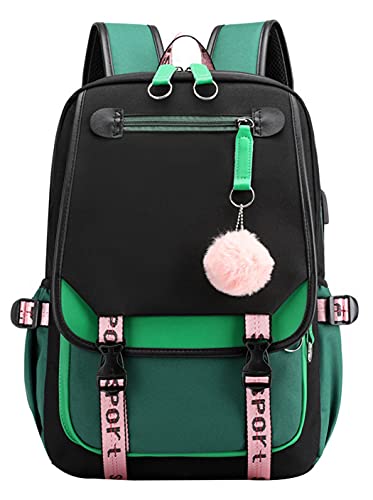 JiaYou Teenage Girls Backpack Middle School Students Bookbag Outdoor Daypack with USB Charge Port (21 Liters Green Black)