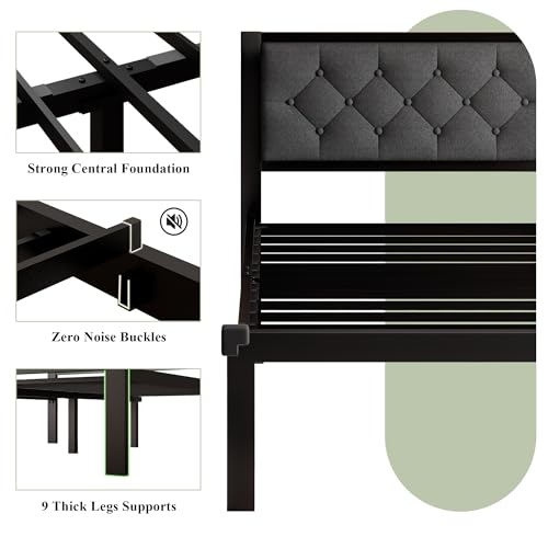 Image of Feonase Full Size Metal Bed Frame, Heavy-Duty Platform Bed Frame with Linen Upholstered Headboard, 12 inch Storage Space, Steel Slats Support, No Box Spring Needed, Gray