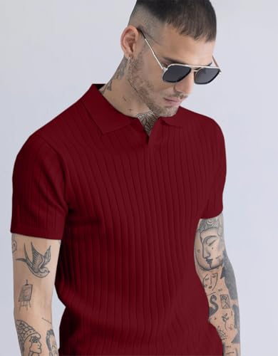 Image of Veirdo Men's Casual Ribbed Polo Collar Knit T-Shirt | Regular Fit Half Sleeve Polo for Men | Flat Knit Textured T-Shirt Perfect for Office, Party, Travel