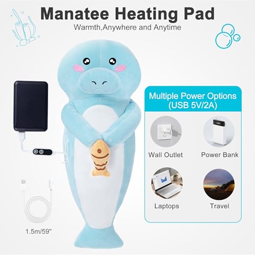 Image of Manatee Heating Pad Plush, USB Powered Electric Heated Stuffed Animal, Cute Sea Cow Plush with 3 Heat Levels & Timer, Soft Warm Ocean Animal Cushion Gift for Mom Women Teen Girls