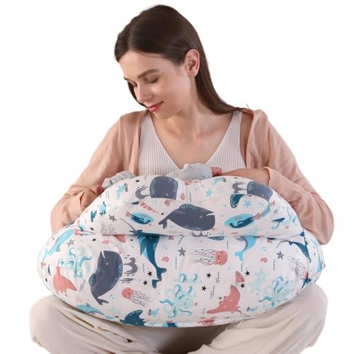 Image of Proliva Feeding Pillow for New Born Baby with Detachable Cover Breast Feeding & Maternity Nursing Pillow for Breastfeeding Support for Baby Feeding Pillow for Mom (Off White-Dolphine-A2)