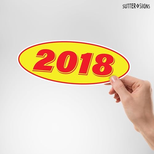 Image of 2018 Car Model Year Windshield Stickers | 14 inch x 5.5 inch Oval Stickers for Car Dealerships, Vehicle Windshields (Pack of 12)