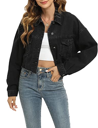 Gacaky Womens Casual Solid Color Ripped Distressed Cropped Denim Jean Jacket Coat With Frayed Hem