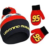 Disney Boys' Toddler Cars Lightning McQueen Beanie Hat and Mittens Winter Set, red/black, Age 2-4