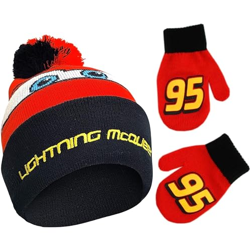 Disney Boys Winter Hat And Mitten Set, Cars Lightning McQueen Toddler Beanie For Ages 2-4, Black/Red/Yellow
