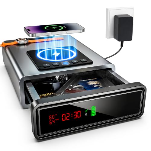 XDeer Biometric Gun Safe for Handgun with Wireless Charging Quick Access Fingerprint Gun Safes Bedside Pistol Case 7/24 Digital Alarm Clock Small Safe Silver 1PCS