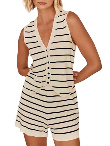 Imily Bela Womens 2 Piece Outfits Summer Striped Casual Lounge Sets Knit Sleeveless V Neck Tops Short Sets