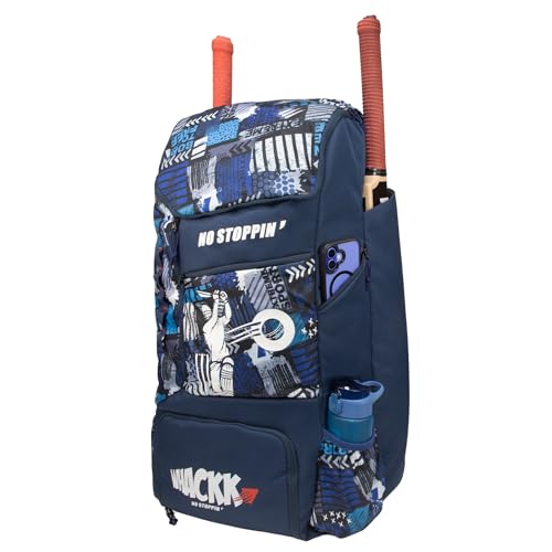 Image of Whackk Kallis 103L Unisex Cricket Kit Bag Backpack | Adult Size | 2 Bat | Shoe /Helmet Pocket | Main Compartment 18 inch Leg Pad |2 Bottle Holder | Easy Access Pocket | Player Edition Senior (navy printed)