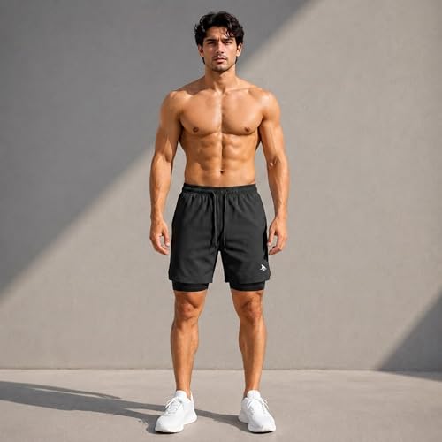 Image of Boldshark Men's 2-in-1 Running Shorts with Inner Compression Layer, Quick-Dry Sports Shorts with Phone Pocket for Gym, Running & Training