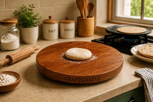Image of Wooden Floral Design Rolling Board, Teak Wood Chakla Polpat for Roti, Chapati & Paratha Making, Durable Kitchen Chakla, 10 Inch