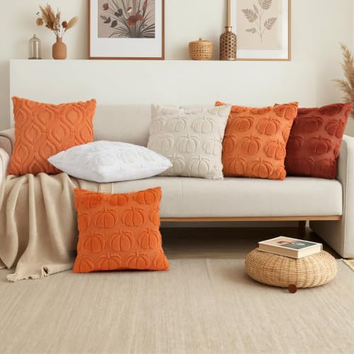 Image of decorUhome Fall Decorative Cream White Pumpkin Throw Pillow Covers 20x20 Set of 2, Soft Faux Fur Plush Farmhouse Accent Pillow Cases for Couch Bed Sofa Autumn Harvest Halloween Holiday Home Decor