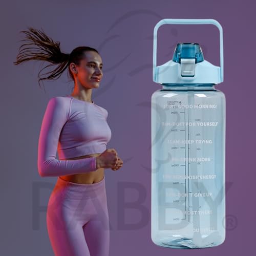 Image of RABBY 2L Motivational Water Bottle for Kids & School Use | Time Marker, BPA-Free, Leakproof Straw Lid, Carry Strap | Plastic Water Bottle for Travel, Sports, Gym, Office (Sky Blue 1Pcs)
