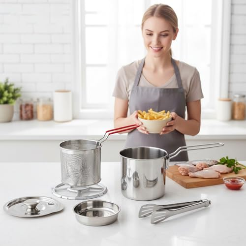 Freidora De Acero Inoxidable | Juego de 7 Piezas de Olla de Cocina de Acero Inoxidable - Freidora Pequeña 1.2L Con Cesta | Para Cocinar Pollo y Pescado en Casa Acampadas y Fiestas - imagen 2