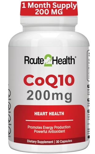 Route2Health CoQ10 200mg 30 Capsules Coenzyme Q10 Antioxidant Supplement for Heart Health Energy Production & Blood Circulation Supports Healthy Blood Pressure Non-GMO & Gluten-Free