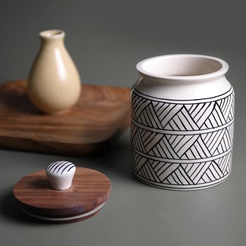 Image of Ceramic Jar & Container for Kitchen Storage Set | Multi Utility Air Tight Kitchen Organizer Items | Tea Coffee Sugar Container with Wooden Lid (Hand-Painted, 460 ML, Pack of 1)