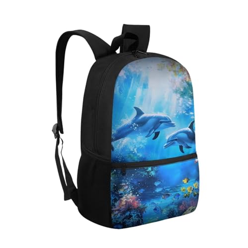 School Backpack for Kids Girls 8th Grade 17 Inch Middle Elementary School Bookbag for Teens Children Kawaii Backpacks with Zipper Front Pocket Fish&Dolphin Print2