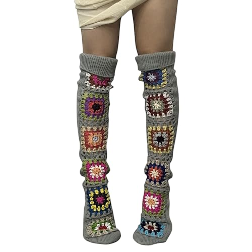 Adoeren Women's Crochet Granny Square Thigh High Leg Warmers Boho Floral Knit Over Knee Socks Colorful Knitted Leggings (Cute Gray, ONE SIZE)