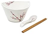 Ramen Soup Bowl Set of 1 - Chopsticks, Hooked Spoon, White with Japanese Plum (Ume) Flowers, by Umami Tableware