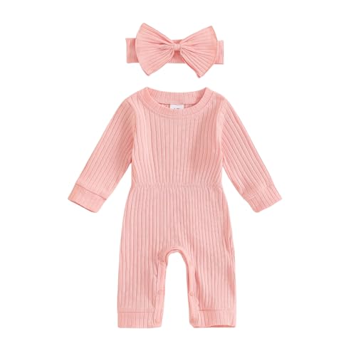 Image of Winioder Newborn Baby Girl Fall Clothes Ribbed Long Sleeve Romper Jumpsuit with Headband Infant 2Pcs Coming Home Outfit