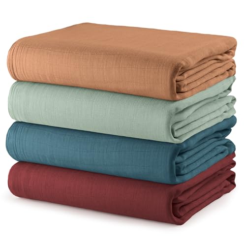 Image of Comfy Cubs Muslin Swaddle Blankets Pack of 4, 47 x 47 Inches, Soft Cotton Baby Blanket Set, Large Multipurpose Swaddling Wraps for Newborns - Self-Soothing Swaddle - Wine, Neptune, Fern, Caramel