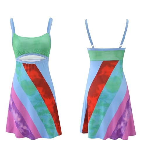 Womens Vintage Print Rainbow Sexy Sheath Dress Sleeveless Adjustable Slip Y2K Retro Bodycon with Butterfly Necklace4
