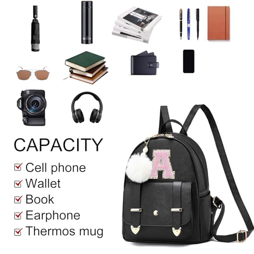Image of Initial Cute Mini Backpack, Small Backpack Purse for Women Personalized Letter Style Small Leather Backpack Pompom Back Pack Shoulder Bag for Gifts, Travel - White (Letter M)