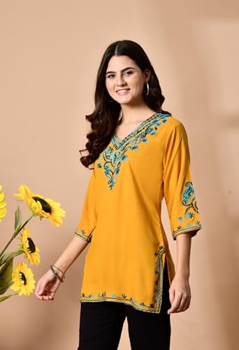 Image of Embroidered Chikankari Kurti with Kashmiri Aari Work, V-Neck, 3 /4 Sleeves, Rayon Fabric