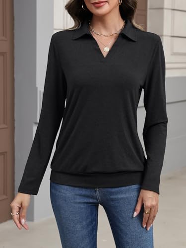 Womens Polo Shirts Long Sleeve Banded Bottom Tops Business Casual Tops Collared V Neck Blouses2