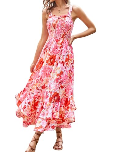 GRACE KARIN Women's 2026 Summer Floral Boho Dress Square Neck Strapped Swing A Line Sundress Beach Long Maxi Outfits Red Pink L