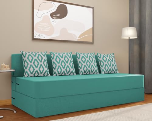 Image of Adorn India Easy 4 Seater Sofa Cum Bed (Rhombus Pattern) Size 6' X 6' Ft (Aqua Blue Color) Perfect for Home & Office for Guests (1 Year Warranty)