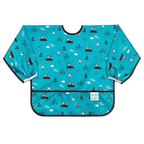 Image of Bumkins Sleeved Bib for Girl or Boy, Baby and Toddler for 6-24 Mos, Essential Must Have for Eating, Feeding, Baby Led Weaning Supplies, Long Sleeve Mess Saving Food Catcher, Fabric, Outdoors Blue