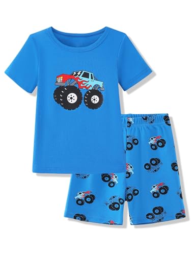 Mikrdoo Boys Pajamas Summer Cotton Short Sleeve 2-Piece Breathable Kids PJs Soft Sleepwear Set Blue Truck 5T