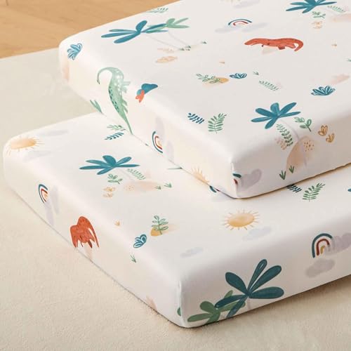 Image of SDY Jersey Dinosaur Crib Sheets for Baby Boys and Girls,52 inchx28 inchx8, 2 Pack, Cute Kawaii Standard Oval /Retangle Fitted Crib Sheets for Toddler,Super Soft Breathable