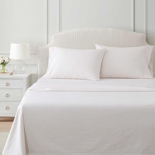 Image of Martha Stewart - Queen Size Sheets Set, Crisp & Tailored Cooling Sheets with a Smooth Cotton Percale Lightweight Feel - Bed Sheets with Matching Pillowcases & Fitted Sheet (Ticking Stripe Pink)