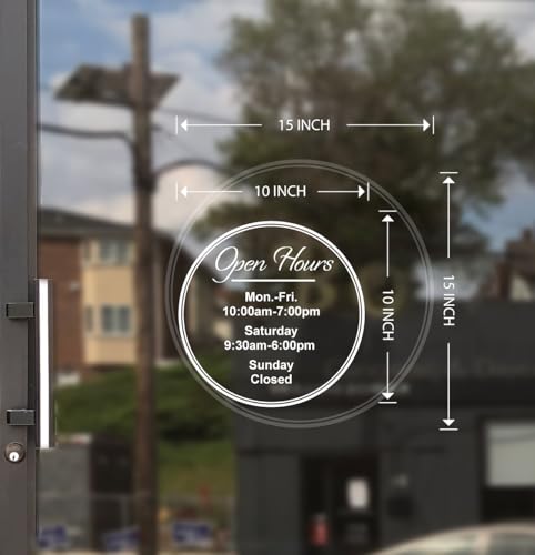 Business Hours Sign for Window Decal - Free Squeegee - Easy Install Manual - Circle (Script)